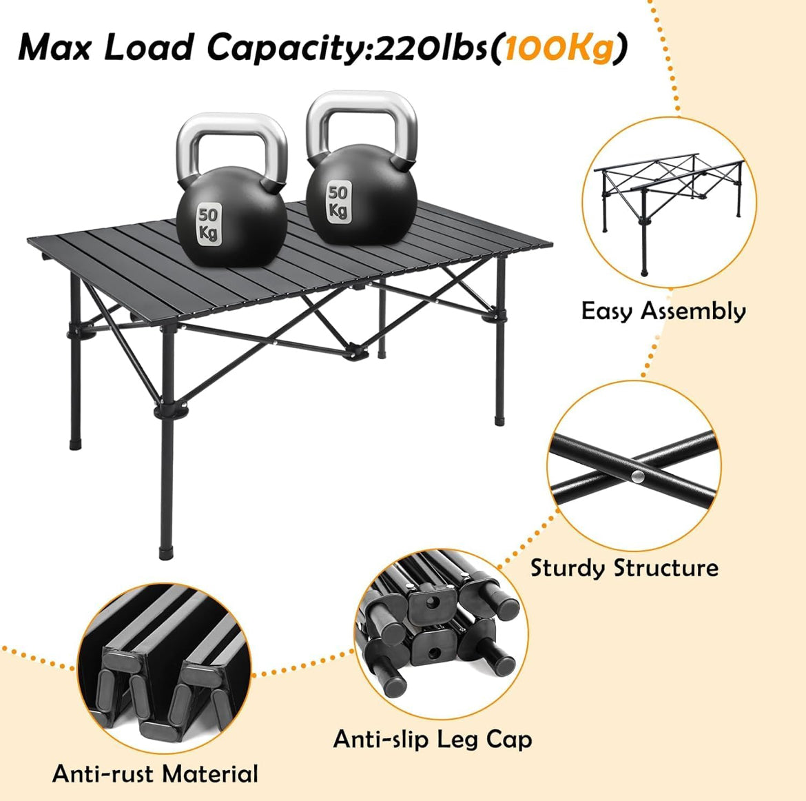 Large Outdoor Folding Camping Table with Aluminum Top
