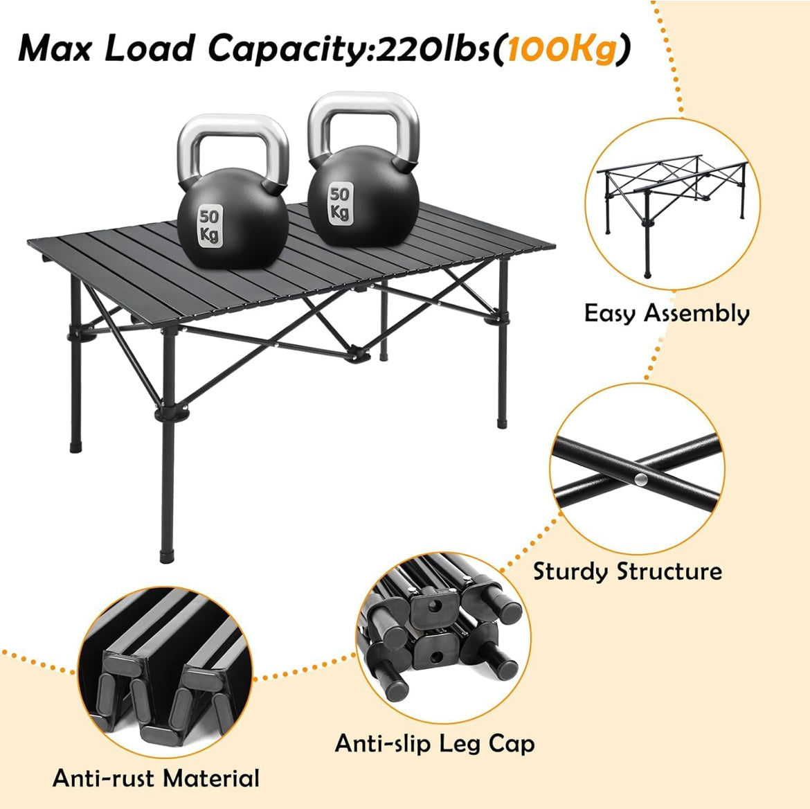 Large Outdoor Folding Camping Table with Aluminum Top