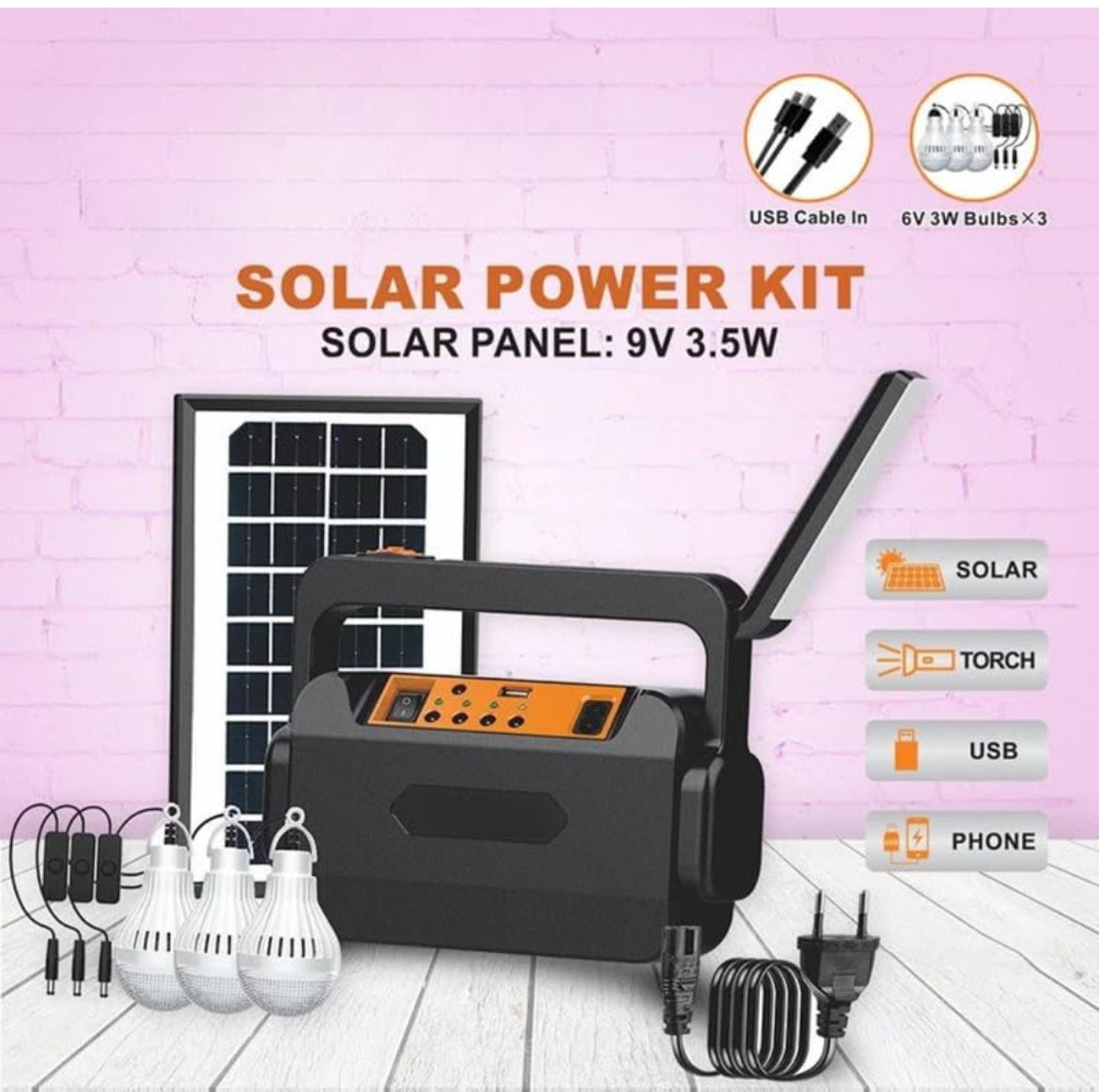 Portable Inverter with 3
LED Bulbs with Solar Panel (Black) Solar Light