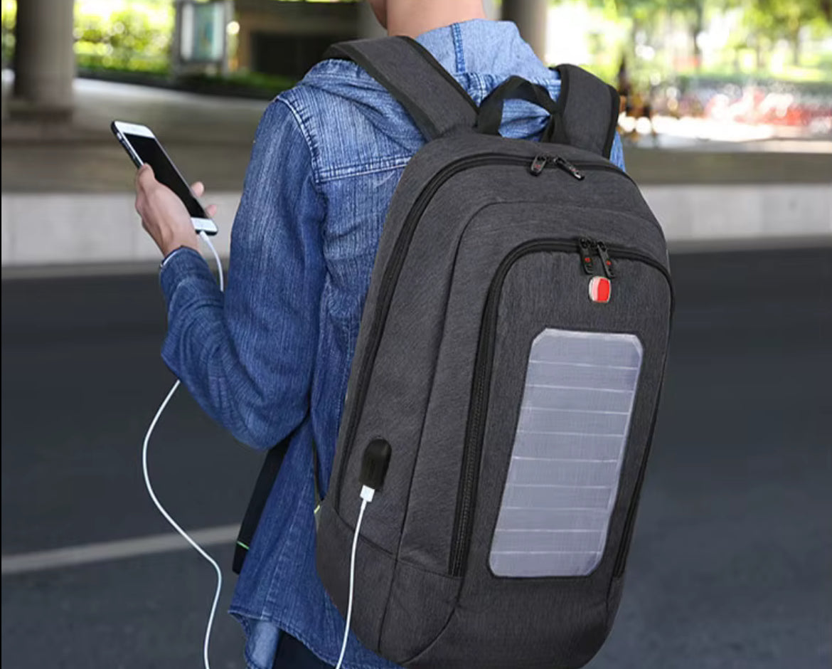 Solar Charging Backpack - Waterproof, Weatherproof Travel Bag with USB Port for Outdoor, Hiking, Camping & Work